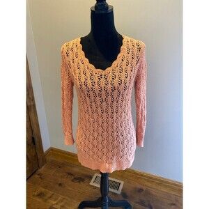Loft  Sweater  Crochet Knit V-neck Size XS Small Color Peach Orange Open Weave